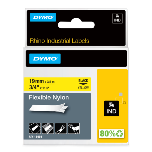 Dymo 18491/S0718090 Ribbon Nylon flexible black on yellow 19mm x 3,5m for Dymo Rhino 6-19mm/24mm