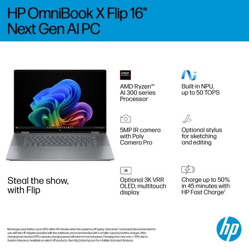 HP OmniBook X Flip 16-ar0002na Copilot+ PC AMD Ryzen™ AI 7 350 Hybrid (2-in-1) 40.6 cm (16") Touchscreen 3K 16 GB LPDDR5x-SDRAM 1 TB SSD Wi-Fi 7 (802.11be) Windows 11 Home Silver