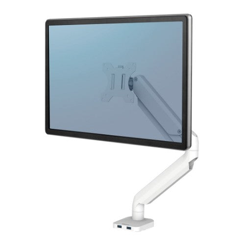Fellowes Platinum Series Monitor Arm - Monitor Mount for 8KG 40 Inch Screens - Adjustable Monitor Desk Mount - Tilt 45° Pan 180° Swivel 360° Rotation 360°, VESA 75 x 75/100 x 100 - White