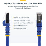 StarTech.com 2m Blue CAT8 Ethernet Cable, Snagless RJ45, 25G/40G, 2000MHz, 100W PoE++, S/FTP, 26AWG Pure Bare Copper Wire, LSZH, Shielded Network Patch Cord w/Strain Reliefs, Individually Tested