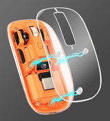 Manhattan Transparent Rechargeable Wireless Mouse, Clear/Orange, Adjustable 800/1200/1600dpi, With RGB LED light, 2.4Ghz (effective range up to 10m), USB, Optical, Ambidextrous, Four Button with Scroll Wheel, Slim Design, USB-A micro receiver, Lithium Ion