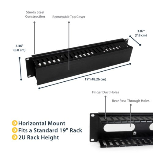 StarTech.com Horizontal 2U Server Rack Cable Management Finger Duct w/ Cover - 19" Network Rack Wire Duct Raceway Panel - Slotted Wire Duct