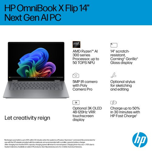 HP OmniBook X Flip 14-fk0002na Copilot+ PC AMD Ryzen™ AI 7 350 Hybrid (2-in-1) 35.6 cm (14") Touchscreen 3K 16 GB LPDDR5x-SDRAM 1 TB SSD Wi-Fi 7 (802.11be) Windows 11 Home Silver