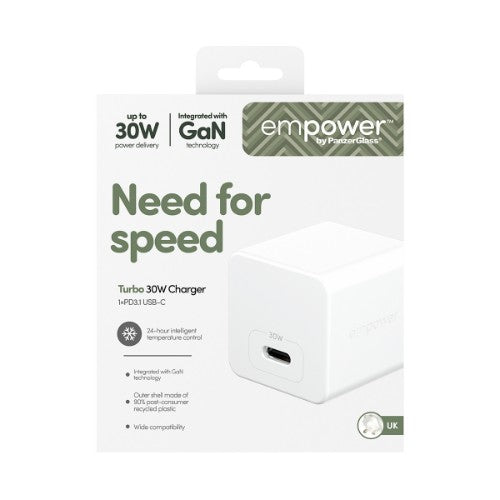 PanzerGlass empower™ by ® Turbo 30W Charger Single USB-C | UK Plug | Silver White