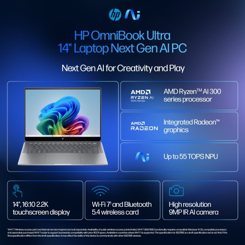 HP OmniBook Ultra 14-fd0001na Copilot+ PC AMD Ryzen AI 9 365 Laptop 35.6 cm (14") Touchscreen 2.2K 16 GB LPDDR5x-SDRAM 1 TB SSD Wi-Fi 7 (802.11be) Windows 11 Home Silver