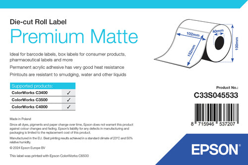 Epson C33S045533 Continous label roll matt die-cut 102mm x 152mm 225 label Pack=1 for Epson TM-C 3400/3500