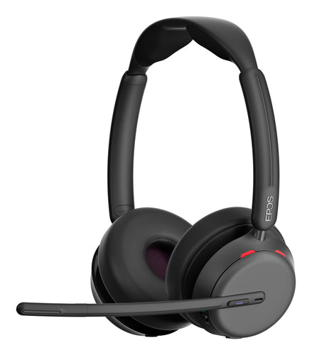 EPOS On-ear Bluetooth® headset. Supplied with a BTD 900c dongle, a USB‑C to USB‑A adapter, and a USB‑C charging cable. Features ANC, BrainAdapt™ technologies, and AI™‑powered voice pickup and noise cancellation, ensuring your voice sounds natural and clea