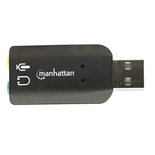 Manhattan USB-A Sound Adapter, USB-A to 3.5mm Mic-in and Audio-Out ports, 480 Mbps (USB 2.0), supports 3D and virtual 5.1 surround sound, Hi-Speed USB, Black, Three Year Warranty