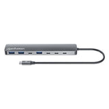 Manhattan USB-C Dock/Hub, Ports (x7): USB-A (x3) and USB-C (x4), with Power Delivery (PD) 100W- requires external USB-C charger (not included). USB powered (no external power supply required) when PD is not in use, Aluminium