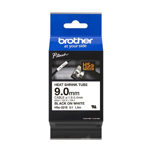 Brother HSE-221E Heat Shrink Tubes black on white 8,8mm x 1,5m for Brother P-Touch TZ 3.5-18mm HSE/24mm HSE/36mm HSE
