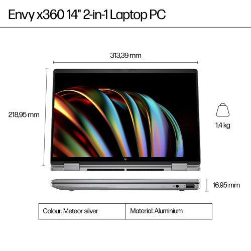 HP ENVY x360 14-fc0001na Intel Core Ultra 7 155U Hybrid (2-in-1) 35.6 cm (14") Touchscreen 3K 16 GB LPDDR5-SDRAM 512 GB SSD Wi-Fi 6E (802.11ax) Windows 11 Home AI PC Silver