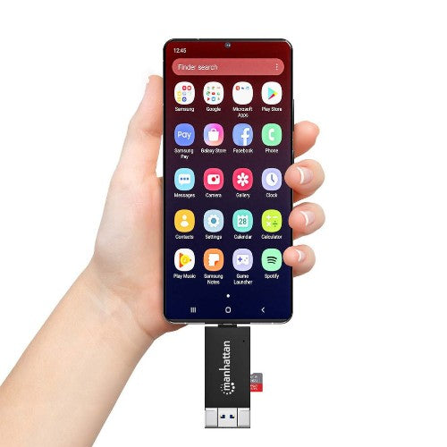 Manhattan USB-A / USB-C combo Multi-Card Reader/Writer, 5 Gbps (USB 3.2 Gen1 aka USB 3.0), Male to microSD and SD/MMC Slots, Mini Format, SuperSpeed USB, Windows or Mac, Black/Transparent, Three Year Warranty