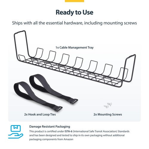 StarTech.com Under Desk Cable Management Tray, 24" Long, Metal Basket Style Cable Organizer, Screw-On Installation, Power Bar Holder, Metal, Black, TAA-Compliant