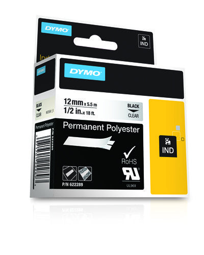 Dymo 622289 Ribbon Polyester permanent black on Transparent 12mm x 5,5m for Dymo Rhino 6-12mm/19mm/24mm