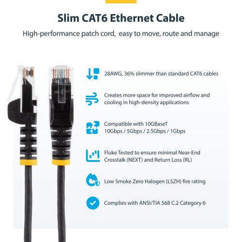 StarTech.com 25cm Blue Slim CAT6 Ethernet Cable, Snagless, 100W PoE, UTP, LSZH, 28AWG Pure Bare Copper Wire, Slim RJ45 Network Patch Cord w/Strain Reliefs, Individually Tested