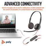 HP Poly Blackwire 3225 Stereo USB-C Headset +3.5mm Plug +USB-C/A Adapter (Bulk)