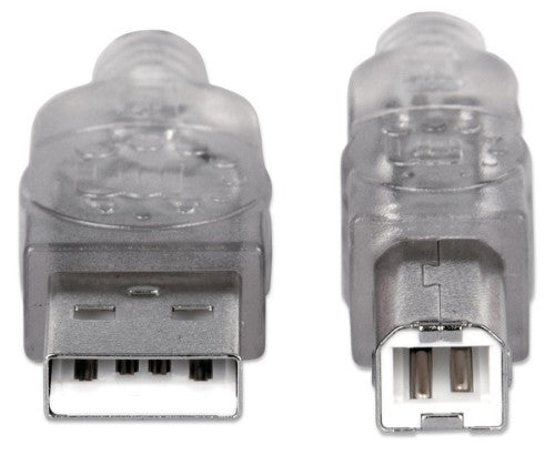 Manhattan USB-A to USB-B Cable, 3m, Male to Male, Translucent Silver, 480 Mbps (USB 2.0), Hi-Speed USB, Lifetime Warranty, Equivalent to USB2AA2M (except colour).