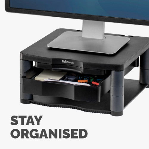 Fellowes Computer Monitor Stand with 3 Height Adjustments - Premium Monitor Riser Plus with Cable Management - Ergonomic Adjustable Monitor Stand for Computers - Max Weight 36KG/Max Size 21" - Graphite