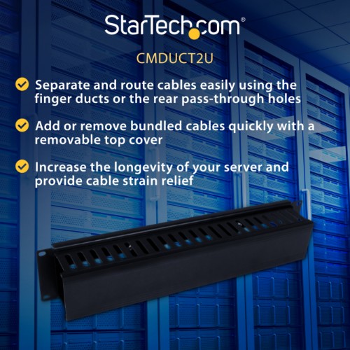 StarTech.com Horizontal 2U Server Rack Cable Management Finger Duct w/ Cover - 19" Network Rack Wire Duct Raceway Panel - Slotted Wire Duct
