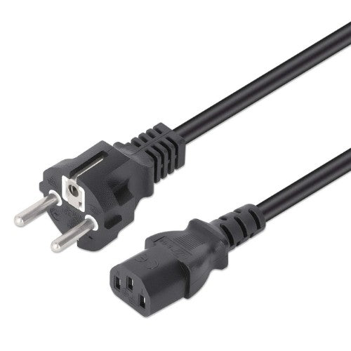 Manhattan Mains Power Cord/Cable, Euro 2-pin plug (CEE 7/4 Schuko) to C13 Female (kettle lead), 3m, 10A, Black, Lifetime Warranty
