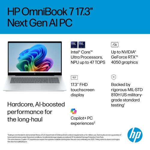 HP OmniBook 7 17-dc0000na Copilot+ PC Intel Core Ultra 7 258V Laptop 43.9 cm (17.3") Touchscreen Full HD 32 GB LPDDR5x-SDRAM 2 TB SSD NVIDIA GeForce RTX 4050 Wi-Fi 7 (802.11be) Windows 11 Home Silver