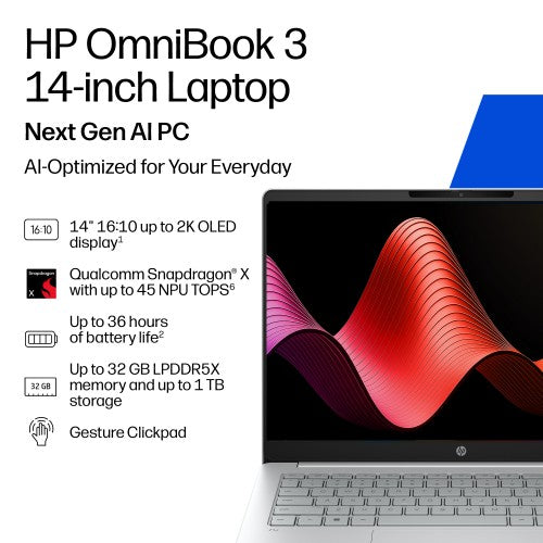 HP OmniBook 3 Laptop Next Gen AI 14-hz0001nax Copilot+ PC Snapdragon 35.6 cm (14") 2K 16 GB LPDDR5x-SDRAM 256 GB SSD Wi-Fi 6E (802.11ax) Windows 11 Home Silver
