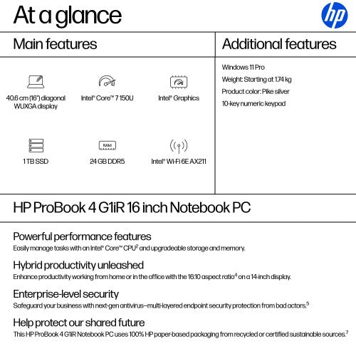 HP ProBook 4 G1iR Intel Core 7 150U Laptop 40.6 cm (16") WUXGA 24 GB DDR5-SDRAM 1 TB SSD Wi-Fi 6E (802.11ax) Windows 11 Pro Silver