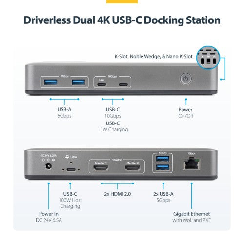StarTech.com Dual-Monitor USB-C Docking Station, HDMI, 4K 60Hz, 100W Laptop Charging, 1GbE, Driverless, Multi-Monitor Dock For Windows
