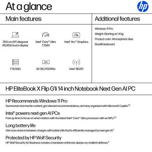 HP EliteBook X Flip G1i Next Gen AI PC Copilot+ PC Intel Core Ultra 7 258V Hybrid (2-in-1) 35.6 cm (14") Touchscreen WUXGA 32 GB LPDDR5x-SDRAM 1 TB SSD Wi-Fi 7 (802.11be) Windows 11 Pro Blue
