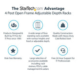 StarTech.com 4-Post 18U Mobile Open Frame Server Rack, Four Post 19" Network Rack with Wheels, Rolling Rack with Adjustable Depth for Computer/AV/Data/IT Equipment - Casters, Leveling Feet or Floor Mounting