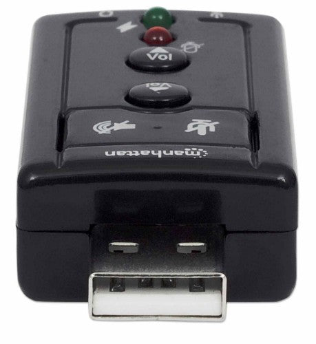 Manhattan USB-A Sound Adapter, USB-A to 3.5mm Mic-in and Audio-Out ports, 480 Mbps (USB 2.0), 7.1-Channel Virtual 3D Surround Sound, Internal Amplifier and Volume Controls, Hi-Speed USB, Three Year Warranty, Equivalent to ICUSBAUDIO7.