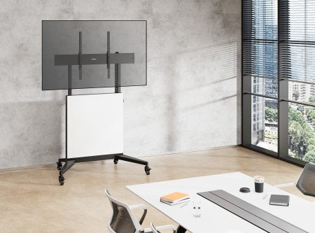 Manhattan Trolley Mount Stand for TV & Monitors (tool free height adjust), For screens:60" to 100",VESA:all between 200x200 to 1000x600mm -check the dimensions of the four mounting holes on back of screen to ensure it fits,Max 80kg,Height 1240 to 1560mm,L