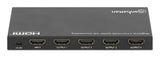 Manhattan HDMI Splitter with downscaling 4-Port , 4K@60Hz, Displays output from x1 HDMI source to x4 HD displays (same output to four displays), Downscale button to adjust a 4K input signal into 1080p, Micro-USB to USB-A power cable included (cable 0.8m),