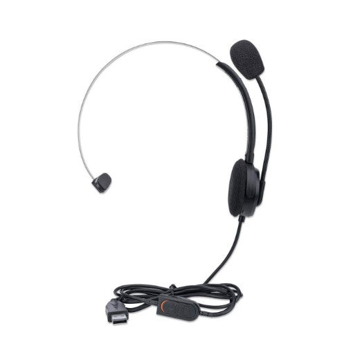 Manhattan Mono Over-Ear Headset (USB), Microphone Boom (padded), Polybag Packaging, Adjustable Headband, In-Line Volume Control, Ear Cushion, USB-A for both sound and mic use, cable 1.5m, Three Year Warranty