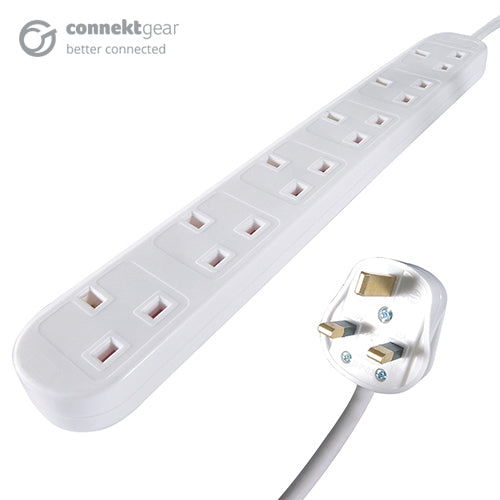 connektgear 2m 6 Way Power Extension Block - UK Plug to 6 x UK Sockets - White  - Wiring Devices & Accessories - connektgear