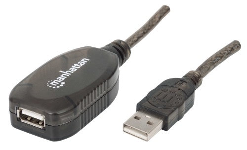 Manhattan USB-A to USB-A Extension Cable, 20m, Male to Female, Active, 480 Mbps (USB 2.0), Daisy-Chainable, Built In Repeater, Hi-Speed USB, Black, Three Year Warranty, Equivalent to USB2AAEXT20M