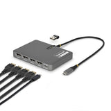 StarTech.com USB-C to Quad-Monitor Workstation Adapter, 4K 60Hz DisplayPort, 140W PD Passthrough for Laptop Charging, USB Port for Wireless Keyboard / Mouse, TAA