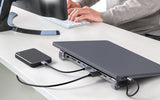 Manhattan USB-C Dock/Hub with Card Reader and MST, Ports (x7): Ethernet, HDMI (x2 4k@60Hz), USB-A (x3) and USB-C, with Power Delivery (PD) 100W- requires external USB-C charger (not included). USB powered (no external power supply required) when PD is not