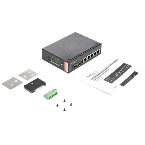 StarTech.com Industrial 6 Port Gigabit Ethernet Switch 4 PoE RJ45 +2 SFP Slots 30W PoE+ 48VDC 10/100/1000 Power Over Ethernet LAN Switch -40C to 75C with DIN Connector/Mountable