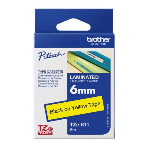 Brother TZE-611 DirectLabel black on yellow Laminat 6mm x 8m for Brother P-Touch TZ 3.5-18mm/6-12mm/6-18mm/6-24mm/6-36mm