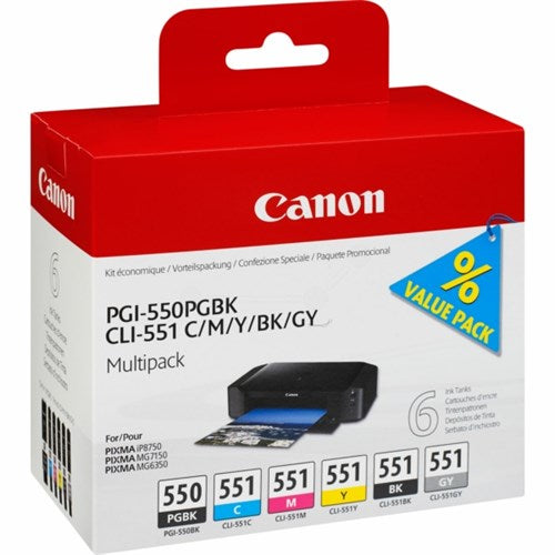 Canon 6496B005/PGI-550/CLI-551 Ink cartridge multi pack Bk,C,M,Y,Gy 7ml Pack=6 for Canon Pixma IP 8700/MG 6350/MG 7550