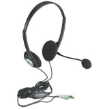 Manhattan Stereo On-Ear Headset (3.5mm), Microphone Boom, In-Line Volume Control, Foam Earpads, Standard 2x 3.5mm stereo jack/plug for audio/mic use, cable 2m, Black, Three Year Warranty