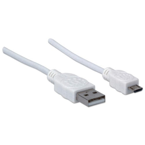 Manhattan USB-A to Micro-USB Cable, 1.8m, Male to Male, 480 Mbps (USB 2.0), Hi-Speed USB, White, Lifetime Warranty
