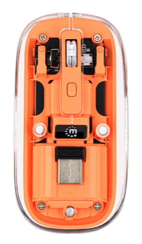 Manhattan Transparent Rechageable Wireless Mouse, Clear/Orange, Adjustable 800/1200/1600dpi, With RGB LED light, 2.4Ghz (effective range up to 10m), USB, Optical, Ambidextrous, Four Button with Scroll Wheel, Slim Design, USB-A micro receiver, Lithium Ion