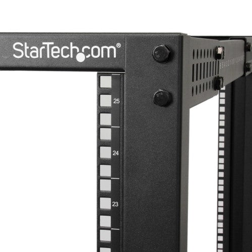 StarTech.com 4-Post 25U Mobile Open Frame Server Rack, Four Post 19in Network Rack with Wheels, Rolling Rack with Adjustable Depth for Computer/AV/Data/IT Equipment - Casters, Leveling Feet or Floor Mounting