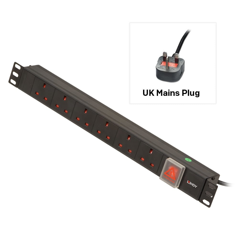 Lindy 1U 6 Way UK Sockets, Horizontal PDU with UK Plug  - Batteries & Power Supplies - Lindy