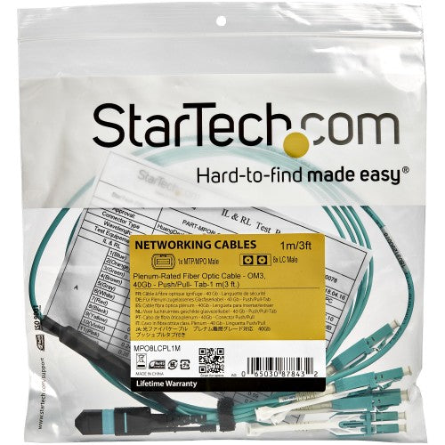 StarTech.com 1m (3ft) MTP(F)/PC to 4x LC/PC Duplex Breakout OM3 Multimode Fiber Optic Cable, OFNP Plenum, 40G Networks, Low Insertion Loss - Fiber Jumper Cord