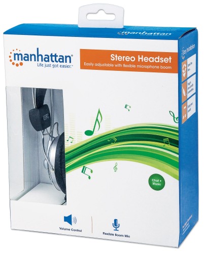 Manhattan Stereo Over-Ear Headset (3.5mm), Microphone Boom (padded), Adjustable Steel Headband, In-Line Volume Control, Ear Cushions, Std 2x 3.5mm stereo jack/plug for audio/mic use, cable 2.5m, 3 Year Warranty