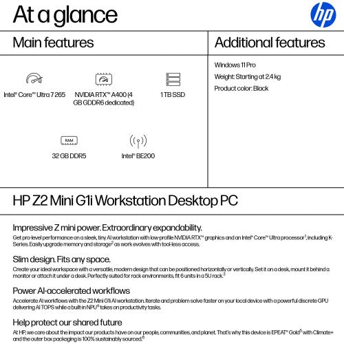 HP Z2 Mini G1i Intel Core Ultra 7 265 32 GB DDR5-SDRAM 1 TB SSD NVIDIA RTX A400 Windows 11 Pro Mini PC Workstation AI Workstation, AI PC Black