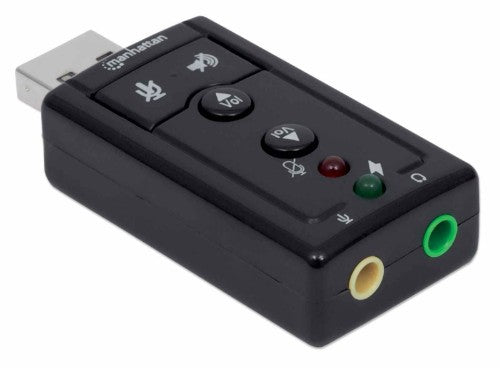 Manhattan USB-A Sound Adapter, USB-A to 3.5mm Mic-in and Audio-Out ports, 480 Mbps (USB 2.0), 7.1-Channel Virtual 3D Surround Sound, Internal Amplifier and Volume Controls, Hi-Speed USB, Three Year Warranty, Equivalent to ICUSBAUDIO7.